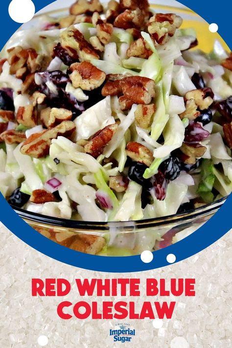 This festive red, white and blue coleslaw is a crunchy combination of tangy and sweet. Chock full of cranberries, blueberries, cabbage, red onions and pecans. Serve it at your next cookout or Fourth of July gathering. For more appetizer and snack recipes and ideas visit ImperialSugar.com and pin your favorites! Made this recipe? Show us! #imperialsugar #redwhiteandbluedesserts #memorialday #fouthofjuly Americana Party, Red White Blue Food, Blue Recipes, Holiday Lunch, Homemade Chips, Blue Desserts, Fourth Of July Food, Red Onions, Food Shows