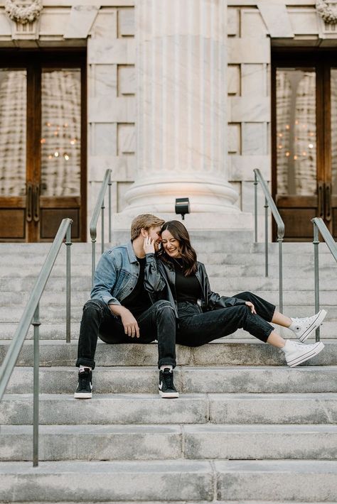 Couple Photography Poses Street Style, Street Photography For Couple, Couple On Steps Photo Ideas, All Black Couples Photoshoot Outfits, Couple Leather Jacket Photoshoot, Couples Photoshoot Downtown Winter, Downtown Casual Photoshoot, Downtown Night Couple Photoshoot, City Vibe Couple Photoshoot