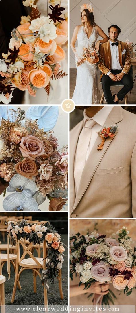 Modern Wedding Colors, Brown Wedding Themes, Bridesmaid Dresses Floral Print, Peach Wedding Colors, Fall Wedding Trends, Peach Echo, Printed Bridesmaid Dresses, Wedding Color Palettes, Colors For Spring