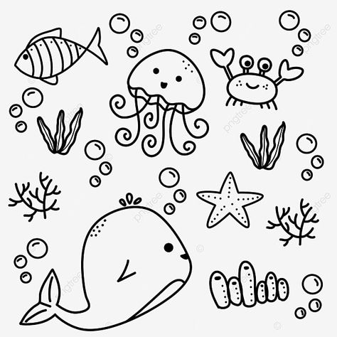 Doodle Art Sea Animals, Turtle Doodle, Sea Sketch, Sea Creatures Drawing, Sea Drawing, Doodle Vector, Water Animals, Doodle Sketch, Blue Whale