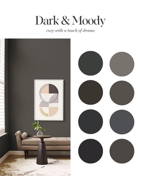 The top paint color trends for 2024 – a curated collection of 24 popular colors to transform your space with style and confidence, including these dramatic dark, moody shades Dark Paint Colors For Office, Dark Interior Colors, Moody Painted Rooms, Moody Gray Green Paint Colors, Dark Moody Paint Colors Sherwin Williams, Dark Clove Sherwin Williams Paint, Modern Home Paint Colors, Painting Trends 2024, Best Dark Paint Colors Bedroom