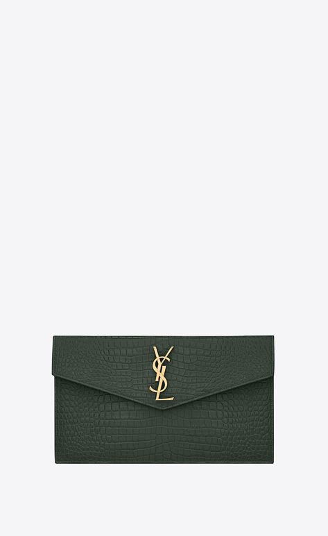 UPTOWN POUCH IN CROCODILE EMBOSSED SHINY LEATHER | Saint Laurent | YSL.com Ysl Uptown Pouch, Ysl Clutch, Small Envelopes, Vintage Ysl, Large Wallet, Wallet Pouch, Handbag Shoes, Small Leather Goods, Clutch Handbag