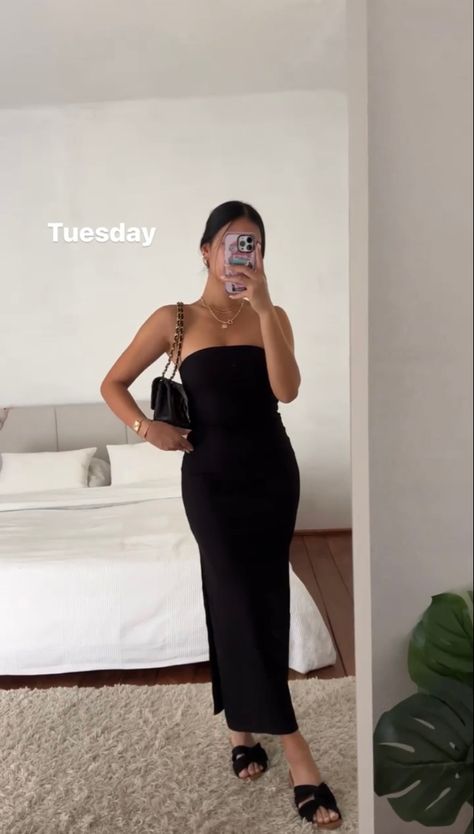 Strapless Dress Casual Summer Outfits, Black Tube Dress Outfit Classy, Club Beach Outfit, Tube Dress Outfit Casual, Tube Dress Outfit Ideas, Tube Dress Outfit Classy, Summer Night Outfit Going Out, Tube Dress Outfit, Basic Girl Outfit