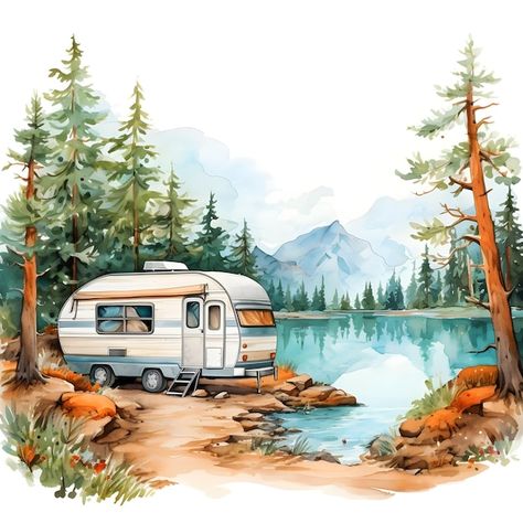 Photo creative banner digital art social... | Premium Photo #Freepik #photo Camping Clipart, Travel Clipart, Retro Camping, Creative Banners, Camping Art, Camping Trailer, Vintage Camper, Painting Style, Watercolor Clipart