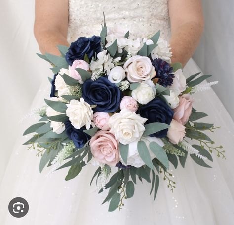 Bridal Bouquet Navy, Blush Pink Bouquet, Navy Blue Wedding Bouquets, Bouquet Navy Blue, Baby Pink Wedding, Blue And Blush Wedding, Artificial Wedding Bouquets, Winter Wedding Bouquet, Blue Wedding Bouquet