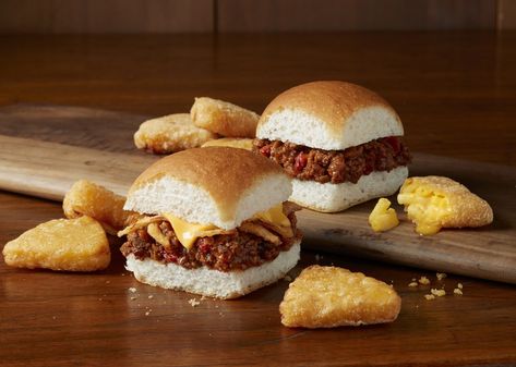 White Castle Is Bringing Sloppy Joes Back to the Menu Onion Crisps, Smoked Cheddar Cheese, Sloppy Joe Sliders, Sloppy Joes Sliders, Mac And Cheese Bites, Fast Food Items, White Castle, Slider Buns, Crispy Fry