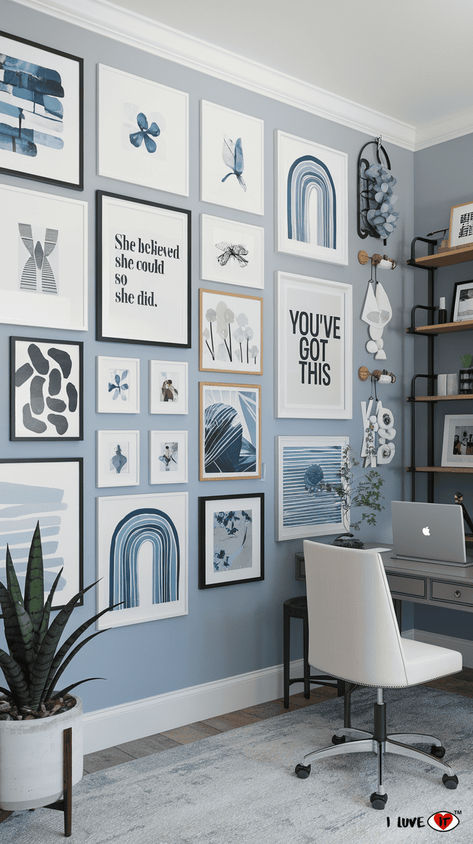 17 Home Office Ideas for a Productive and Stylish Workspace - I Luve It Blue And Grey Office Ideas, Navy And White Office Ideas, Green Blue Office, Blue Office Design, Blue And White Office, Blue Office Ideas, Grey Office Ideas, Grey And White Office, Bright Home Office