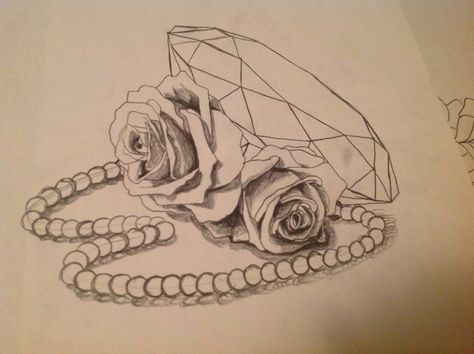 Diamond, roses, and pearls in a single drawing. It's a sketch but I can tattoo it finished Rose With Pearls Tattoo Design, Diamond And Pearl Tattoos, Rose Tattoo Drawing, Pearls Tattoo, Pear Tattoo, Tattoo Drawing Ideas, Single Drawing, Diamond Tattoo Designs, Rose And Pearl