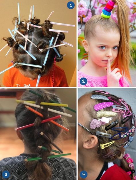 Crazy Hair Day Girls Easy, Easy Last Minute Hairstyles, Last Minute Hairstyles, Crazy Hair Day Ideas, Spirit Day, Diy Hair Accessories Ribbon, Wacky Hair Days, Crazy Hair Day, Wacky Hair