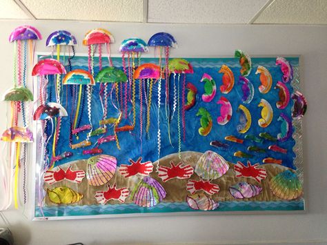 Ocean Display Classroom, Ocean Bulletin Board Ideas Preschool, Coral Reef Bulletin Board, Ocean Theme Board Decoration, Ocean Wall For Classroom, Ocean Themed Bulletin Boards, Ocean Unit Preschool, Ocean Birthday Bulletin Board, Ocean Mural Preschool