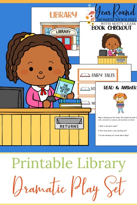 Your kids will have fun learning all about the library while using this printable dramatic play library set! #dramaticplay #library #homeschool #homeschooling #yearroundhomeschooling Dramatic Play Library, Library Dramatic Play, Printable Dramatic Play, Preschool Music Lessons, Elementary Printables, Library At Home, Science Printables, Free Homeschool Curriculum, Library Skills