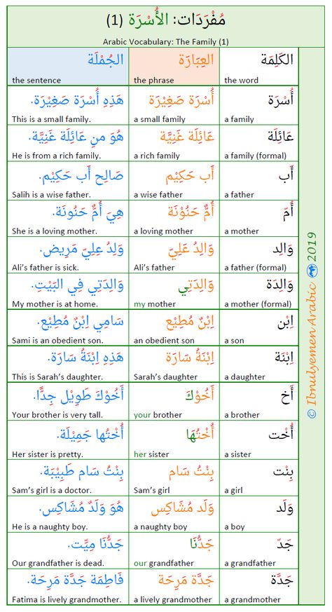 Arabic Vocabulary: The Family (1) C33 Arab Language, Quranic Arabic, Basic Arabic, Arabic Conversation, Arabic Vocabulary, Arabic Verbs, Arabic Grammar, Arabic Sentences, Phrases And Sentences