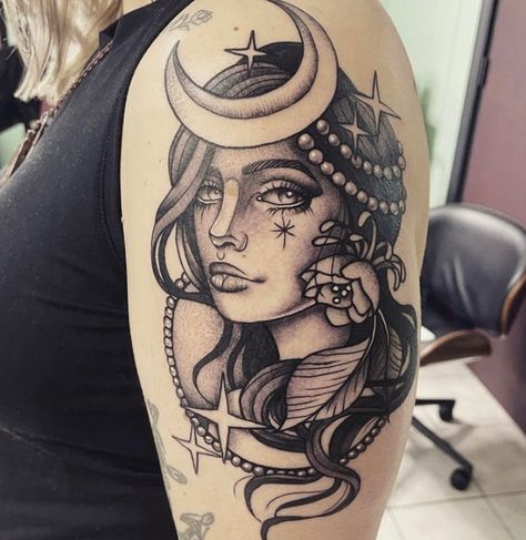 Selene Tattoo, Lady Face Tattoo, Selene Moon Goddess, The Moon Tattoo, Tattoo Moon, Lady Face, My Tattoo, Face Tattoo, Realism Tattoo