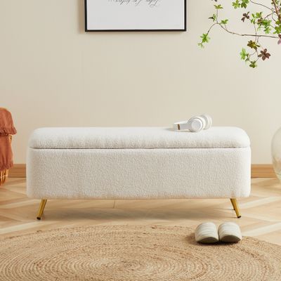 Modern Bedroom Boucle White Bench Upholstered Ottoman with Storage & Gold Legs White Bench Bedroom, Mirror Nook, Bedroom Ideas Nordic, Scandi Living Room Ideas, Colourful Carpet, Big Vanity, Boucle Bench, Bed Mirror, Bed Bench Storage