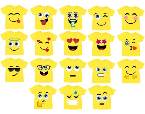 "Emoji Shirt, 18 Pack Printable Emoji iron on transfers for yellow shirts, Emoji Birthday Shirt, Emoji Party Shirt, Instant Download THIS IS A DIGITAL PRODUCT FOR DIY PRINTING. NO PHYSICAL PRODUCT WILL BE SENT.  Please read everything carefully, before ordering.  18 Different Emoji Faces are included as shown on the photos. Size approx. 10.5 inches (300dpi, high resolution). You will receive 2 pdf files: 1) 18 emojis (size - 10.5 inches, mirrored) 2) 18 emojis (size - 10.5 inches, regular) Mater Emoji Halloween Costume, Emoji Costume, Party Emoji, Emoji Tshirt, Holloween Costumes, Nana Birthday Gift, Emoji Birthday Party, Emoji Shirt, Cute Group Halloween Costumes