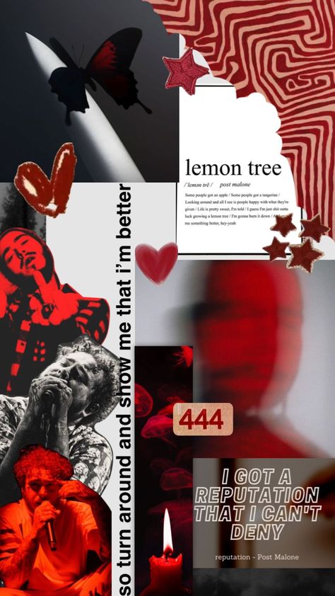 Post Malone Collage, Red Moodboard, Post Malone Wallpaper, Burn It Down, Aesthetic Music, Always Tired, Collage Wallpaper, Love Post, Lemon Tree