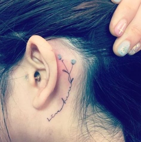 Simple Ear Tattoos For Women, Water Lily Tattoo Behind Ear, Behind The Ear Butterfly Tattoo Ideas, Ear Tattoo Ideas Female, Cute Behind The Ear Tattoos For Women, Mini Tattoos Behind Ear, Cute Behind The Ear Tattoos, Inside Ear Tattoos, Behind Ear Tats