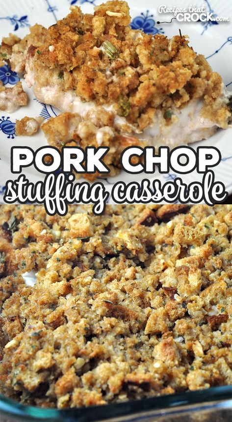 This Pork Chop Stuffing Casserole recipe for your oven is a delicious comfort food recipe that is simple to make and done in under and hour start to finish! Casserole Recipes For Dinner Pork, Pork Chop Skillet Dinner, Oven Pork Chops And Potatoes, Fast Pork Chop Recipes Easy Dinners, Pork Chop Ideas Easy Recipes, Pork Chop Green Bean Casserole, Pork Chop Stuffing Bake, Easy Pork Chop Recipes In Oven Simple, Pork Chops And Stuffing In The Oven