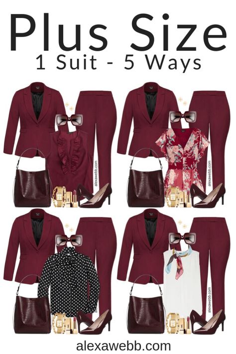 Plus Size Fall Pant Suit Outfits for Work - Alexa Webb Plus Size Herbst, Blazer Casual Outfit, Alexa Webb, Plus Zise, Burgundy Blazer, Capsule Wardrobe Work, Plus Size Work, Outfits For Work, Look Plus Size