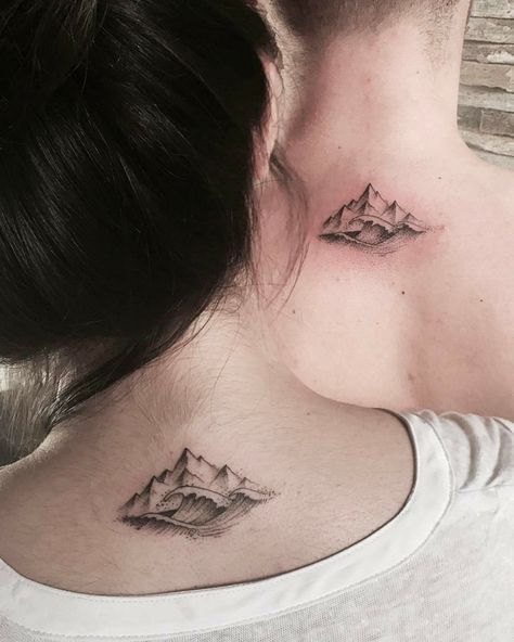 Mountains And Ocean Tattoo, Tattoo Berge, Tattoo Sisters, Moutain Tattoos, Mountain Tattoos, Scene Tattoo, Girl Neck Tattoos, Simple Tattoos For Women, Dad Tattoo