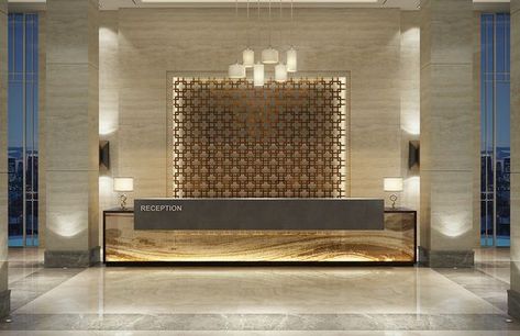 Rixos Hotel ' Sharm El Sheikh ' on Behance                                                                                                                                                                                 More Hotel Reception Desk, Office Reception Design, Design Desks, Hotel Lobby Design, Reception Desk Design, Lobby Interior Design, Lobby Reception, Desain Lanskap, Hotel Reception