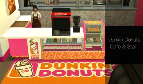 [5/13/24 PUBLIC] Dunkin Donuts| Custom Cafe, Custom Stall & & Decor | Patreon Sims 4 Dunkin Donuts Cc, Food Stall, Sims4 Cc, Food To Go, Order Food, Fast Food Restaurant, Cafe Food, Sims 4, Donuts