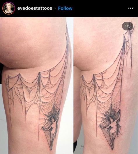 Spider Web Tattoo Thigh, Spider Web Hip Tattoo, Underbutt Tattoo Woman, Spiderweb Underboob Tattoo, Under The Buttcheek Tattoo, Back Of Thigh Tattoo, Upper Thigh Tattoos, Garter Tattoo, Spider Web Tattoo