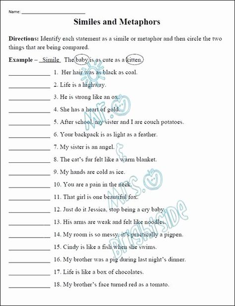 Simile Lesson, Metaphor Worksheet, Writing Metaphors, Simile Vs Metaphor, Metaphor Activities, Simile Worksheet, Figurative Language Lessons, Poetry Worksheets, Sensory Words