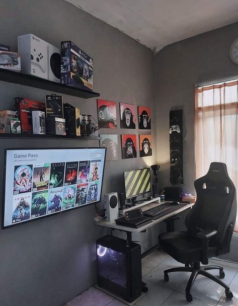 Home Office Gamer, Small Room Setup, Small Game Rooms, Mens Bedroom Decor, Hypebeast Room, Home Studio Setup, Chill Room, Boy Bedroom Design, Apartment Living Room Design