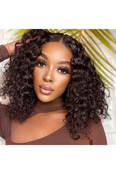 JOEDIR HAIR Water Wave Bob Human Hair Wig for Black Women Deep Curly Short Bob Wig 10 inch Dark Brown 13x4x1 T Part Lace Front Bob Wig Pre Plucked 130% Density Kręcony Bob, Bob Pendek, Straight Hair Highlights, Bob Lazar, Kort Bob, Curly Bob Wigs, Bob Lace Front Wigs, Cheap Human Hair, Curly Human Hair Wig