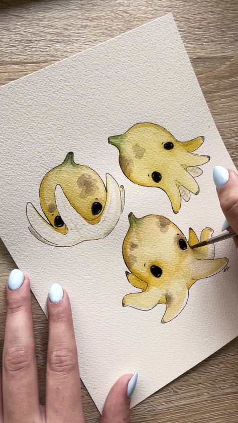 Creatures To Draw, Animal Paintings Simple, Aesthetic Drawing Ideas Watercolor, Cute Water Animals Drawings, Animal Fruit Drawing, Animal Drawing Ideas Easy, Mini Cow Drawing, Watercolor Sketch Ideas, Fruit Drawing Ideas