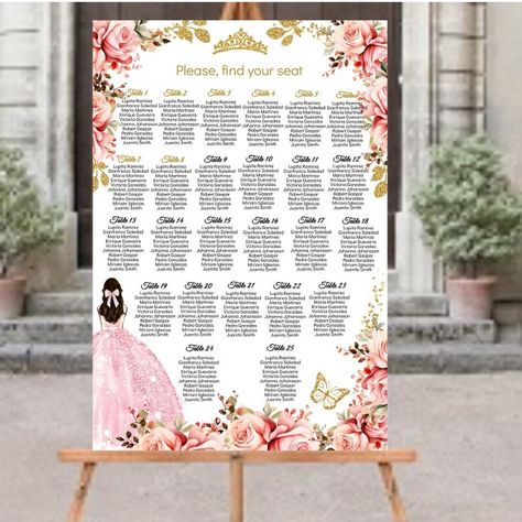 DIY EDITABLE Seating Chart Quinceañera Mis XV Quince Table - Etsy Romania Quince Seating Chart, Quinceanera Seating Chart, Quince Table, Cinderella Quinceanera, Find Your Seat Sign, Pink Quince, Find Your Seat, Entrance Table, Sixteenth Birthday