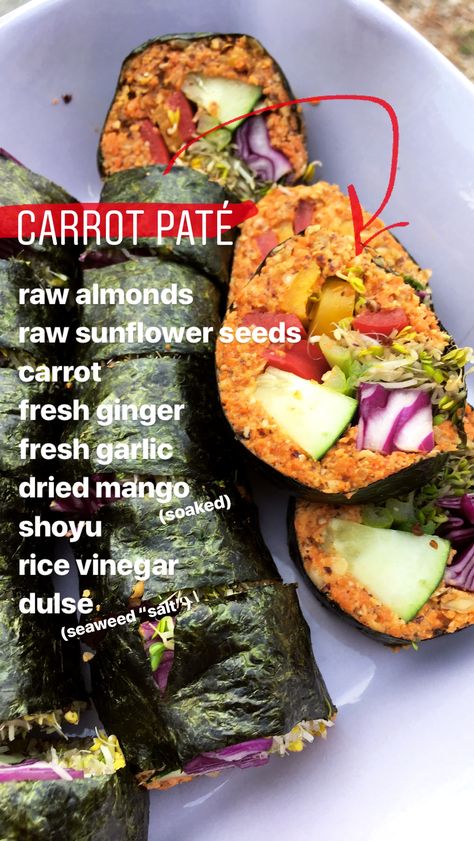 Raw Carrots Snacks, Raw Vegan Fruit Recipes, Raw Vegan Sushi Recipes, Gourmet Raw Food Recipes, Raw Vegan Lunches For Work, Raw Vegan Grocery List, Raw Meals Vegan, Raw Vegan Wraps Recipes, Raw Thanksgiving Recipes