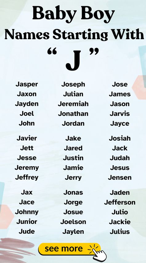 Explore joyful baby boy names starting with J. Lovely and meaningful names for your baby.  #BabyNames  #JNames J Names For Boys, J Boy Names, J Baby Boy Names, J Baby Girl Names, Boy Names With J, Baby Gender Predictor, Display Names, Male Names