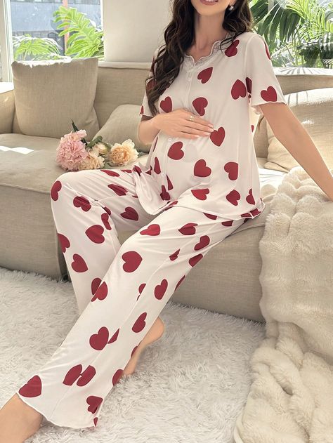 White Cute Collar   Geometric Pant Sets Embellished Slight Stretch All Women Sleep & Lounge Pregnant Pajamas Aesthetic, Sleeping Outfits, Pajamas Aesthetic, Maternity Sleepwear, Planning Pregnancy, Maternity Pajamas, Cute Sleepwear, Pant Sets, Nightgowns For Women