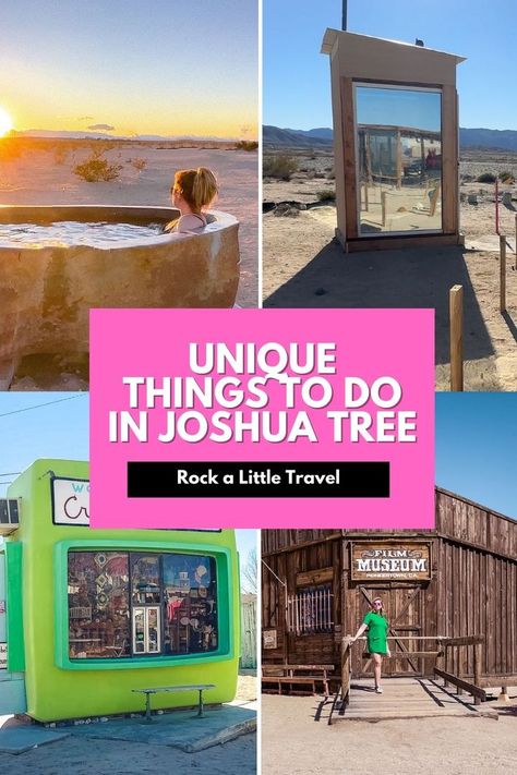 Image of the hot springs, glass outhouse, crochet museum, and Pioneertown near Joshua Tree California. Joshua Tree Hikes, Outdoor Museum, Joshua Tree Park, Pacific Coast Highway Road Trip, San Diego Vacation, Joshua Tree California, Desert Travel, Hiking National Parks, California Vacation