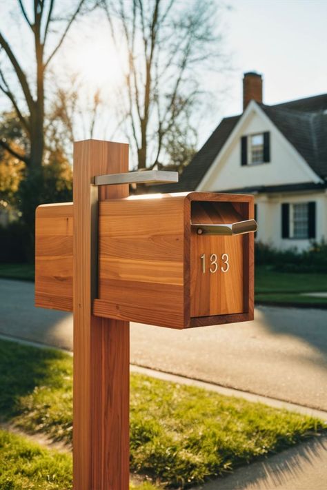 20 Modern Mailbox DIY [Easy To Make] – craftydiyers.com Timber Frame Mailbox Ideas, Standing Mailbox Ideas, Contemporary Mailbox Ideas, Wooden Mailbox Ideas Modern, Personalized Mailbox Ideas, Post Mounted Mailbox Ideas, Diy Mailbox Makeover, 6x6 Mailbox Post, Mail Box Post Ideas