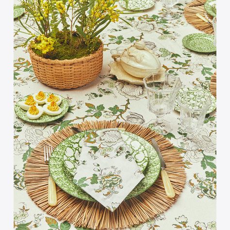 The hand-painted Spongeware Canape Plate is inspired by the 19th-century English stoneware collected by Tory and her mother, Reva. Mix with new and vintage pieces in the same palette — it makes things feel more interesting, less prescribed. Set of six. Oblong Tablecloth, Chintz Fabric, Happy Times, Tableware Design, Table Top Design, Square Tablecloth, Designer Home, Dinner Napkins, Round Tablecloth