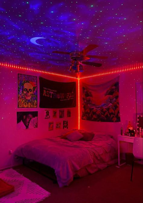 Vibe Room Ideas, Vibe Bedroom, Vibe Rooms, Hypebeast Room, Trippy Room, Neon Bedroom, Led Lighting Bedroom, Chill Room, Decor Studio