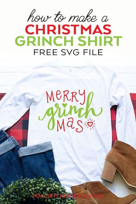 FREE Christmas SVG - Free Grinch SVG File and tutorial to make a DIY Grinch Shirt with your Cricut - Pineapple Paper Co. #cricut #cricutmade #grinch #christmasdecorations #christmasshirt #cricutshirt #freesvg #svgfiles #diychristmas #grinchdecorations #grinchshirt #grinchmovie Grinch Monogram Shirt, Diy Grinch Shirts For Kids, Diy Christmas Grinch, Diy Grinch Shirt, Grinch Christmas Shirts, Free Grinch Svg, Grinch Night, Grinchmas Svg, Diy Grinch