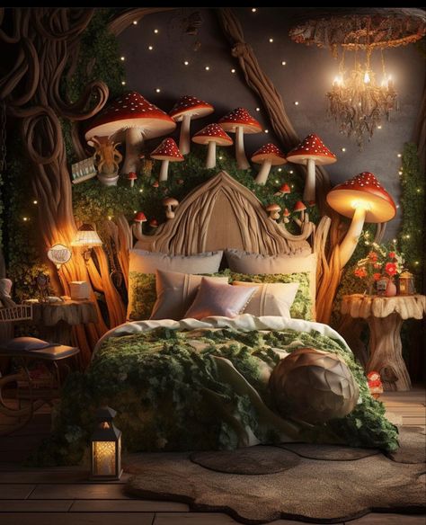 Maximalist Forest Room, Mystical Forest Bedroom, Forest Theme Bedrooms For Kids, Girls Forest Bedroom Ideas, Enchanted Forest Cottage, Magic Forest Room, Magic Forest Bedroom, Forest Room Theme, Fantasycore Room