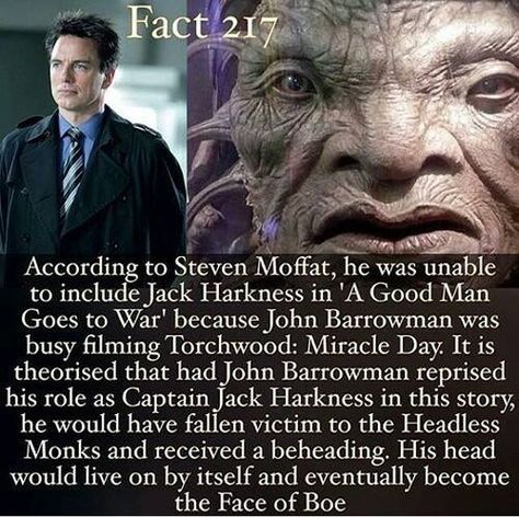 Jack Harkness theory how he became the face of Boe Face Of Boe, Captain Jack Harkness, Jack Harkness, Steven Moffat, John Barrowman, Torchwood, Captain Jack, Time Lords, Timey Wimey Stuff