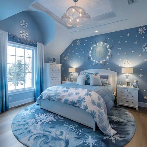 Frozen Fantasy: 15 Enchanting Elsa-Inspired Bedroom Designs for Your Little Ice Princess Snowflake Bedroom Decor, Frozen Inspired Bedroom, Frozen Bedroom Decor, Disney Frozen Bedroom, Princess Kids Room, Frozen Themed Bedroom, Ice Kingdom, Girls Blue Bedroom, Frozen Bedroom