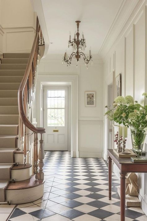 This elegant entryway features a grand staircase with a curved banister and a crystal chandelier hanging overhead. The walls are painted a crisp white and adorned with delicate moldings, while the floor is covered in a classic black and white checkerboard pattern. A vase of white flowers adds a touch of freshness and life to the space. Victorian Homes Aesthetic, Foyer Design Ideas, Small Staircase, Victorian Hallway, Vintage Console, Vintage Console Table, Traditional Staircase, Beautiful Farm, Georgian Homes