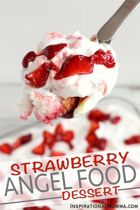 Strawberry Angel Food Dessert comes together quickly and is filled with a perfect combination of flavors. A great choice for your next party! #InspirationalMomma #StrawberryAngelFoodDessert #angelfood #strawberrydessert #strawberry #dessert #desserts #recipe Strawberry Desserts For Party, Dessert Casserole Recipes Sweets, Recipe With Angel Food Cake, Angel Food Strawberry Dessert, Strawberry Angel Food Cake Recipes, Recipes With Angel Food Cake, Strawberry Dessert Ideas, Angel Food With Strawberries, Angel Food Desserts