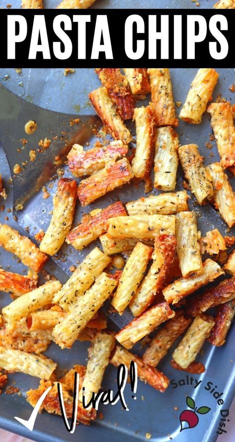 pasta chips on a sheet pan. Pasta Chips Oven Baked, Pasta Snacks Appetizers, Deep Fried Pasta Chips, Baked Pasta Chips, Air Fry Pasta Chips, Oven Pasta Chips, Fried Pasta Recipes, Air Fried Pasta Chips, Air Fry Pasta