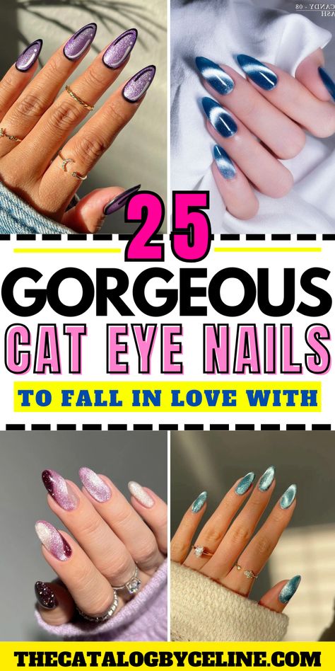 25 Drop Dead Gorgeous Cat Eye Nails to Inspire You! - The Catalog Easy Nail Designs Fall, Light Cat Eye Nails, Cat Eye Nail Designs Ideas, Gold Glitter Nail Designs, Cat Eye Gel Nail Designs, Summer Cat Eye Nails, Glitter Cat Eye Nails, Car Eye Nails, Cateyes Nails Design