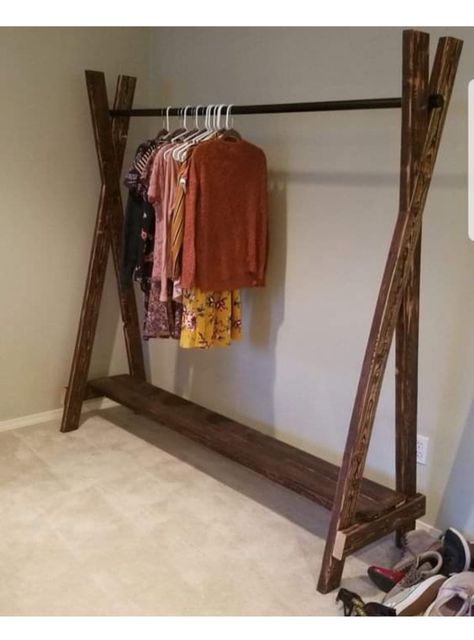 2x4 Clothes Rack, Diy Free Standing Clothes Rack, Diy Clothes Hanging Rack For Yard Sale, Clothing Racks Diy, Diy Wood Clothing Rack, Temporary Closet Ideas, Diy Clothes Hanging Rack, Diy Clothing Display, Homemade Clothes Rack