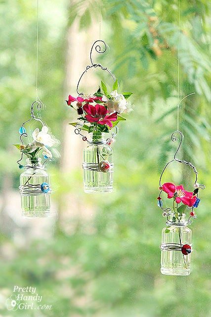 Kicking And Screaming, Mason Jar Design, Hanging Jars, Recycled Garden Art, Antique Glass Bottles, Hanging Vases, Jar Art, Hanging Beads, Glass Flower Vases