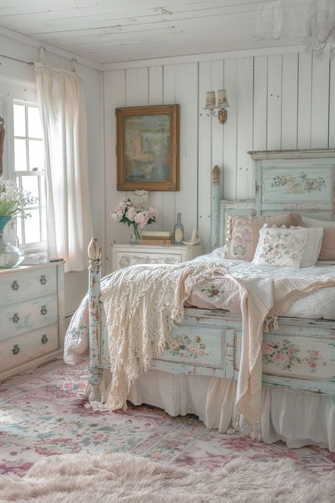 Modern Shabby Chic Bedroom, Shabby Chic Bedroom Ideas, French Blue Bedroom, Beachy Bedroom Decor, Vintage Shabby Chic Bedroom, Summer Bedroom Ideas, Fall Bedroom Ideas, Rose Bedroom, Shabby Bedroom